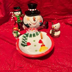 Vintage assortment of Christmas items- bowl- container- snowmen ornaments